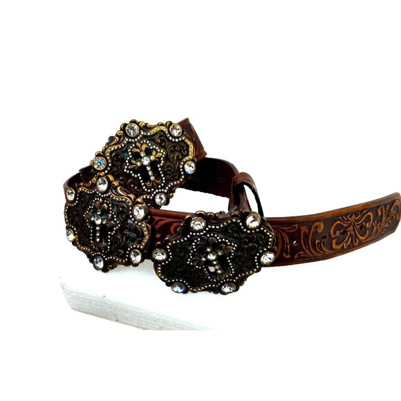 Tony Lama Brown Tooled Western Belt Cross Rhinestone Cochos Size 32 C50758 ~ USA - Picture 14 of 16